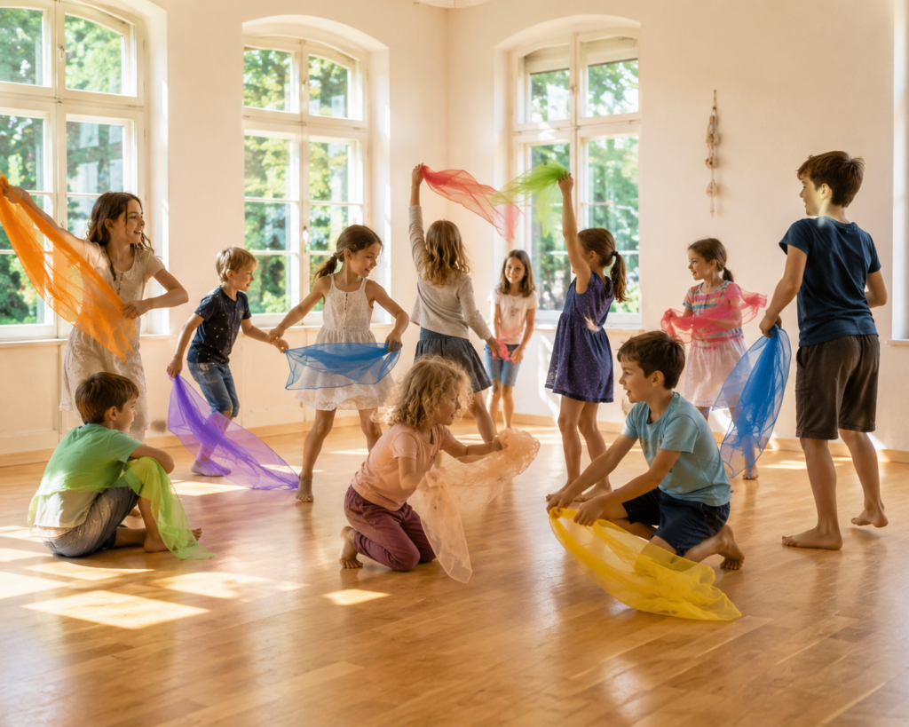 spielende kinder mit bunten tüchern
